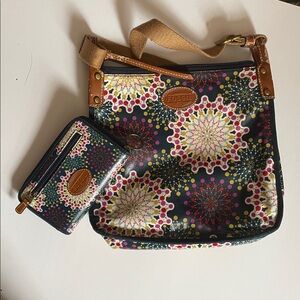 Fossil KeyPer zip Calypso Blue multi color crossbody purse with wallet.
